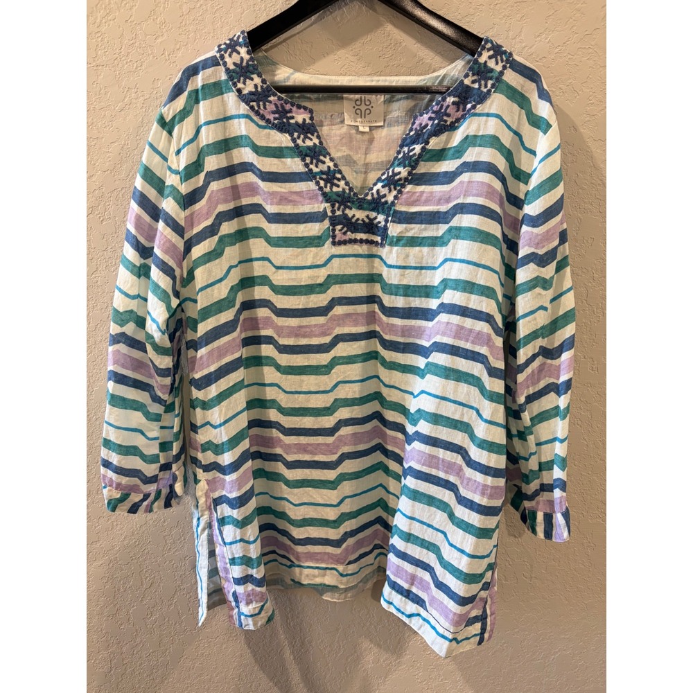 Pomegranate 100% Linen Striped Tunic Top Blue Purple Embroidered V-Neck Large